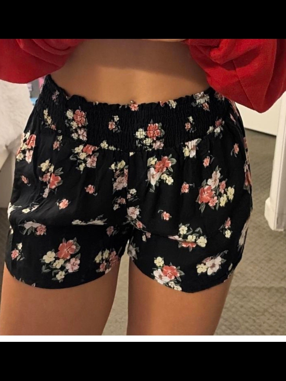 Hollister Black Floral Smocked High-Waist Shorts